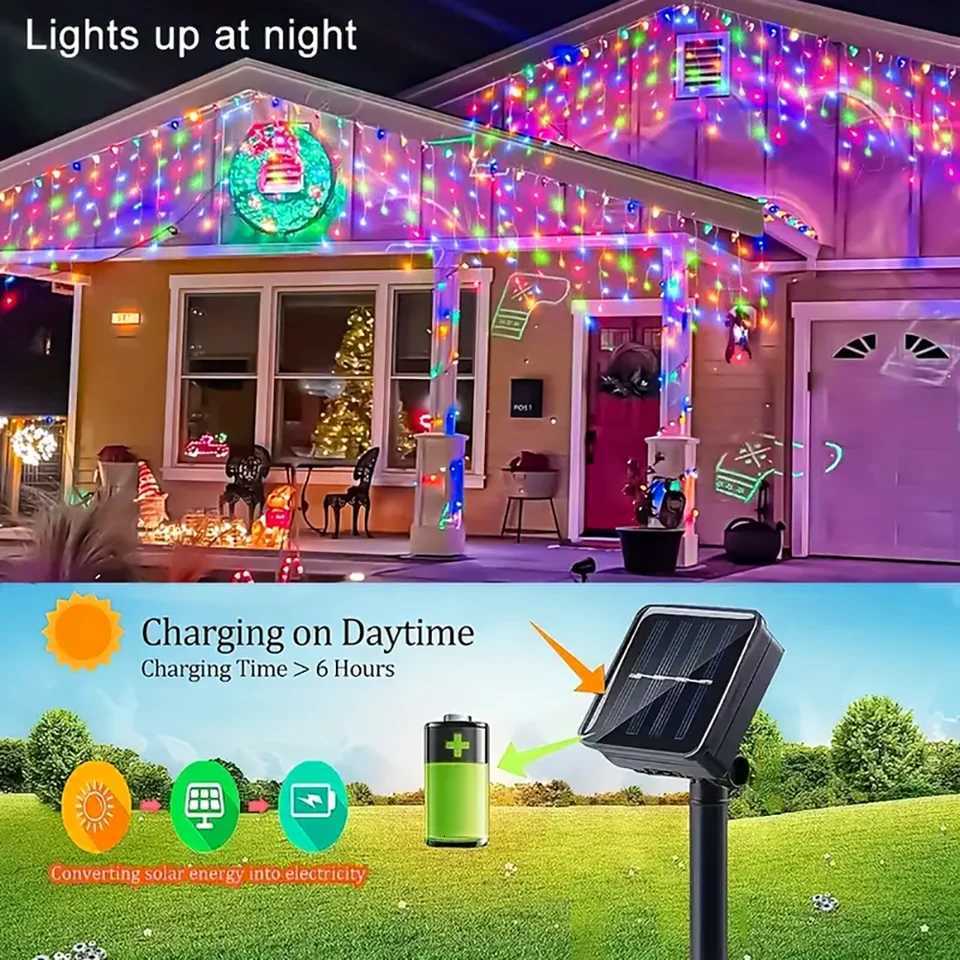 Outdoor Eaves Decoration 75M 160Leds Solar lcicle string Lights 8 Lighting Modes Christmas Halloween Party Holiday Lights M251113
