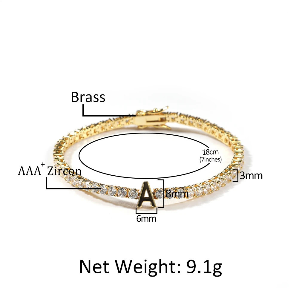 Bling King Womens Customized Name Bracelet CZ 3mm Tennis Chain Iced Cube Zircon 18K Gold Plated DIY Letter Jewelry Gift 250408