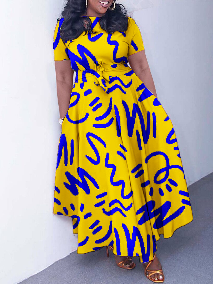D410Chic Women's African Print Dress with Lace-Up Detail - Fashionable Short Sleeve Swing Outfit for Export
