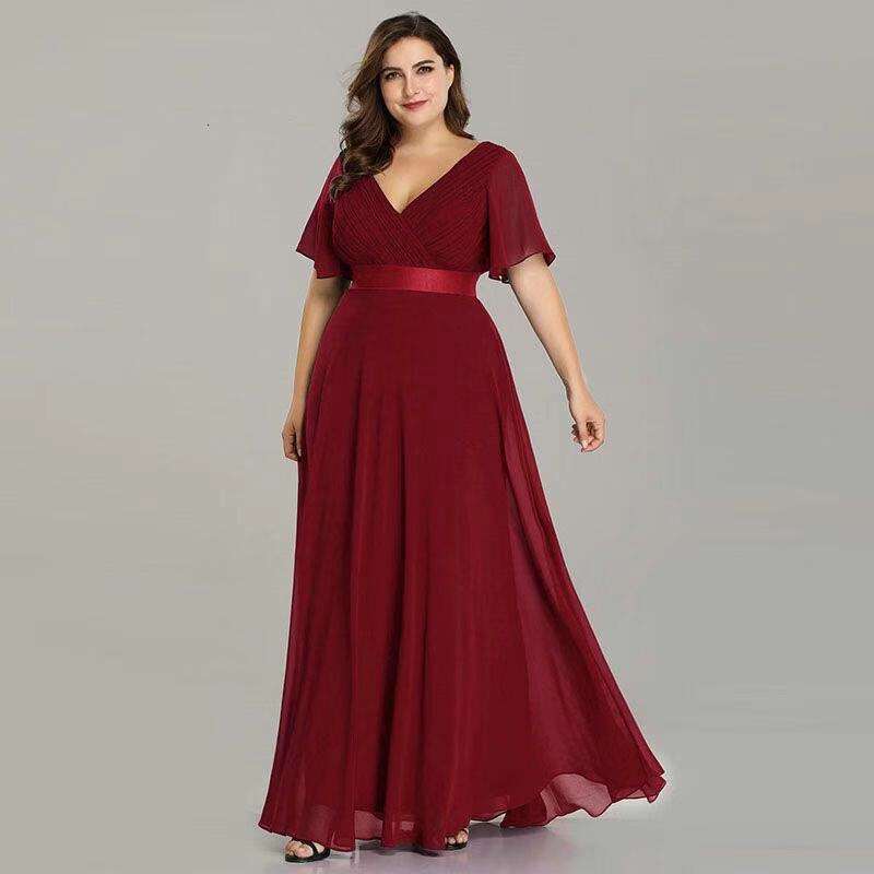 Designer 25 Spring/Summer Handmade Folding Big Swing Double V-Neck Trumpet Sleeve Elastic Chiffon Banquet Bridesmaid Large Evening Dress