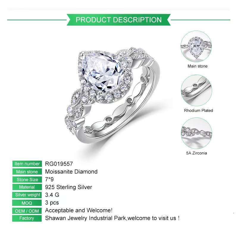 Moissanite Ring Silver Engagement Promise Ladies Woman Fine Jewelry Pear Sets Diamond for Women Moissanite Ring