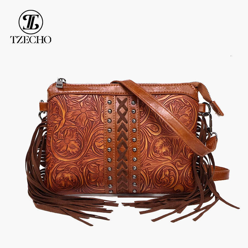 designer bag Bohemian style new tassel crossbody embossed shoulder high-end PU leather bag, women's bag