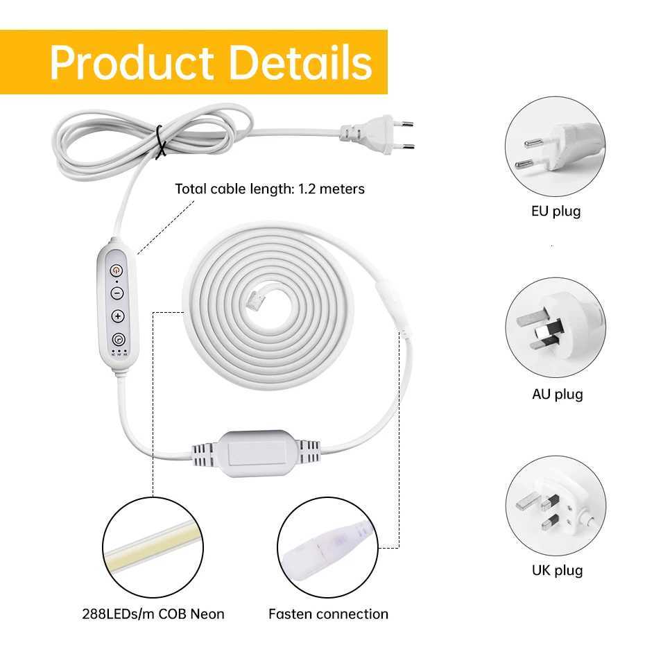 Dimmable COB Led Neon Strip 220V Adhesive Led Tape Timmer Dimmer Switch EU AU UK plug Waterproof Flexible Ribbon Led Rope Light W251112