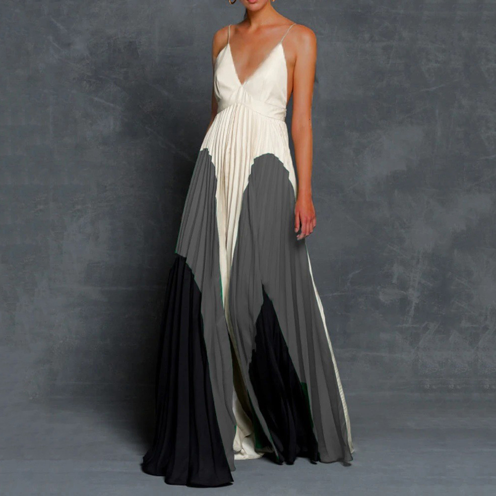 2025 Summer Womens Dress Slim Fit and Slimming Long Style Color Blocked Pleated Camisole Skirt Long Skirt