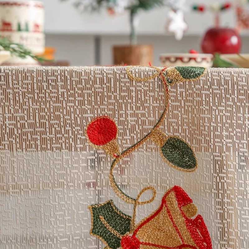 Christmas Beige Lace Flower Tablecloth Santa Claus Embroidery Gauze Tablecloth Rectangular Party Picnic Dinner Decoration Tablecloth Y251113