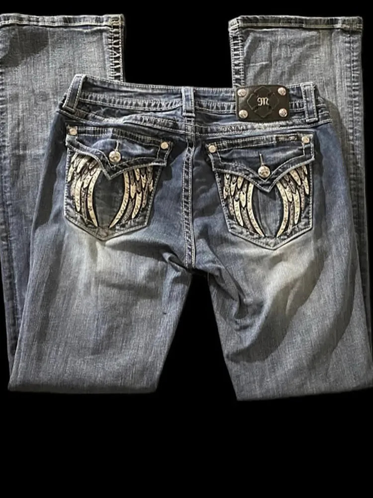 American retro ultrathin Flare jeans Y2k Harajuku Gothic pocket embroidered blue denim pants low waist wide leg Trouser 250410