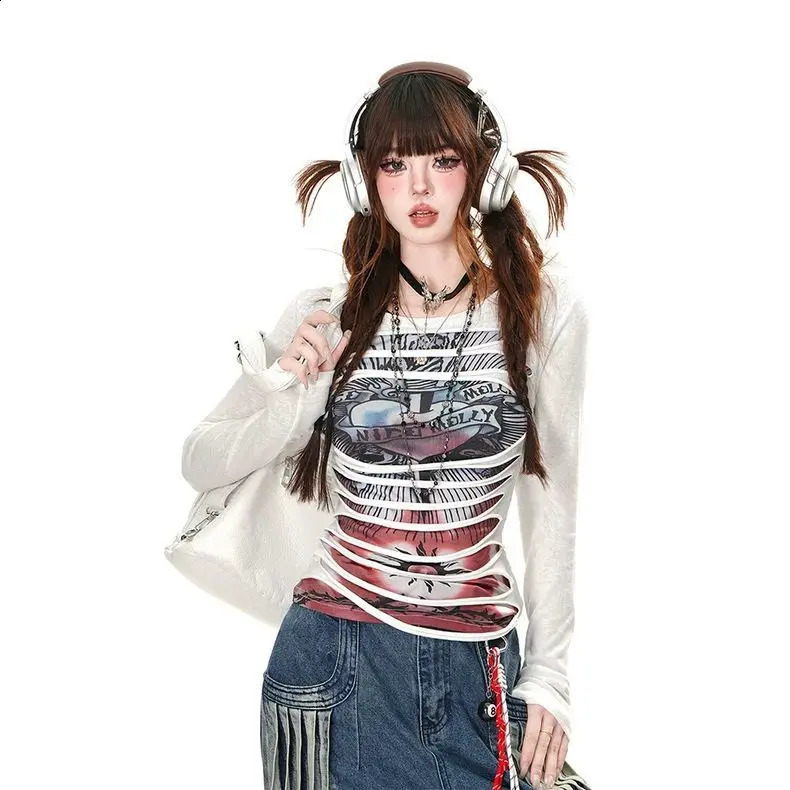American retro street non mainstream doublelayer 3D tear hole decoration girl Tshirt womens waist top slim 250407