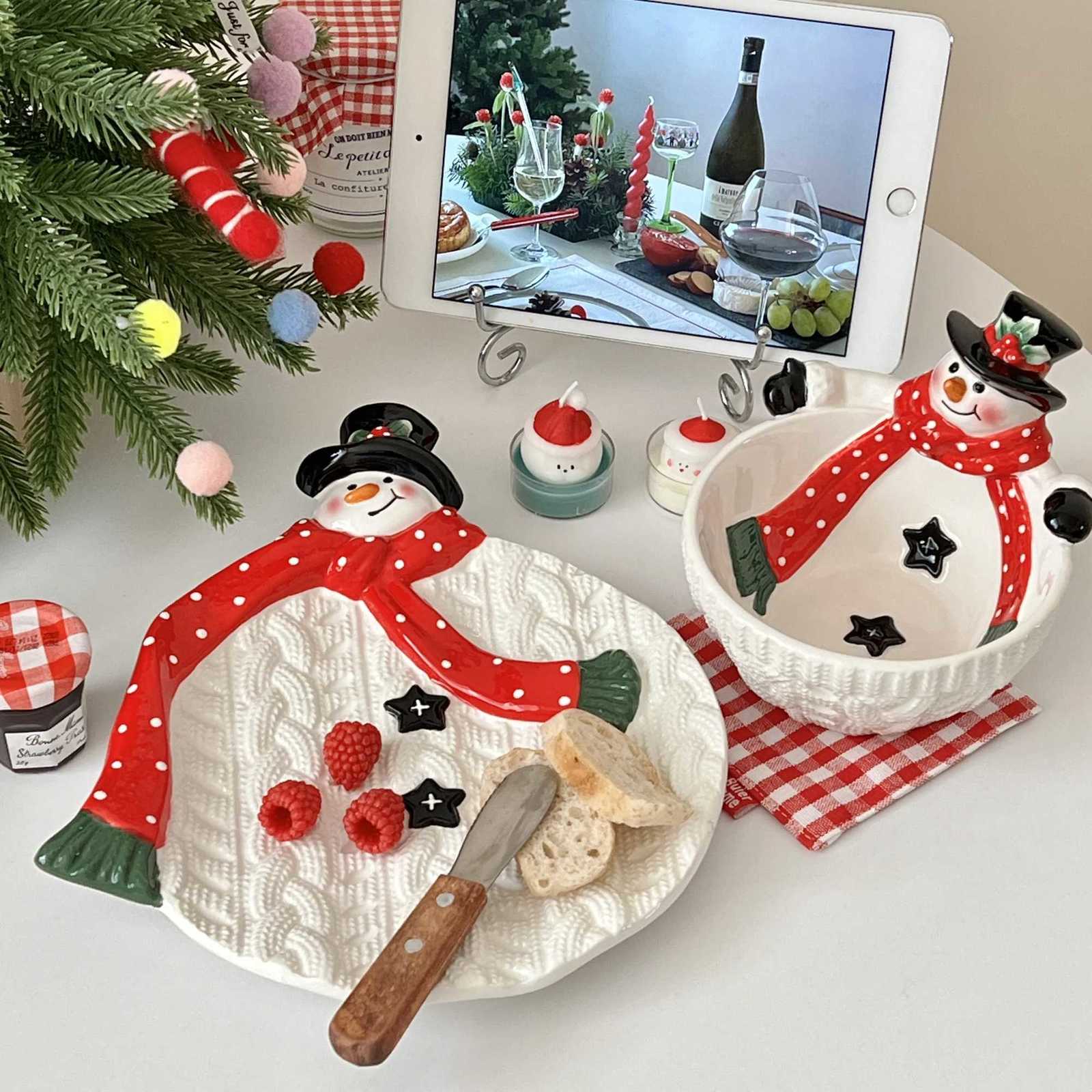 Christmas Christmas Snowman Plate Bowl Ceramic Plate Dessert Candy Gish Salad Bowl Christmas Gift for Family Dishes and Plates Sets Y251113