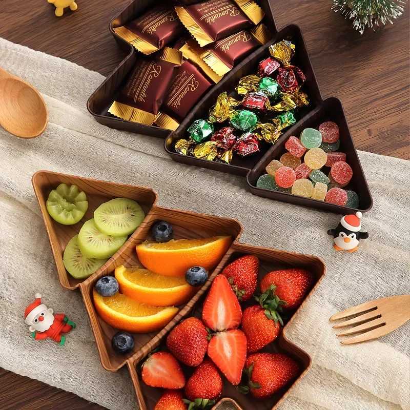 Christmas 1-5pcs Christmas Faux Wooden Snack Plates Candy Fruit Divided Trays Tree Shape Holiday Home Table Party Decoration Supplies Y251113