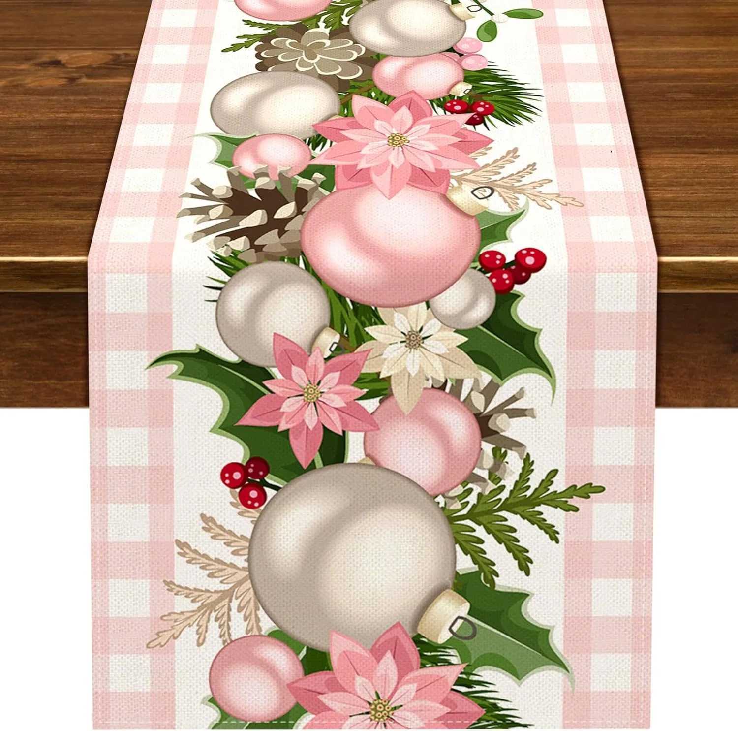 Christmas Pink and Silver Christmas Ball-Patterned Checkered Christmas table flag New Year home party decoration Y251113