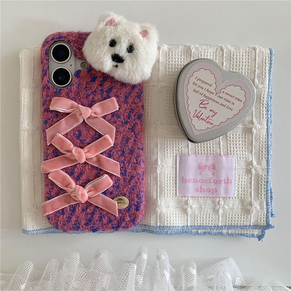 Bowknot Plush Dog Phone Case Compatible with iPhone 16/15 Pro Max Love Bracelet iPhone 14/13/12 Pro Cartoon