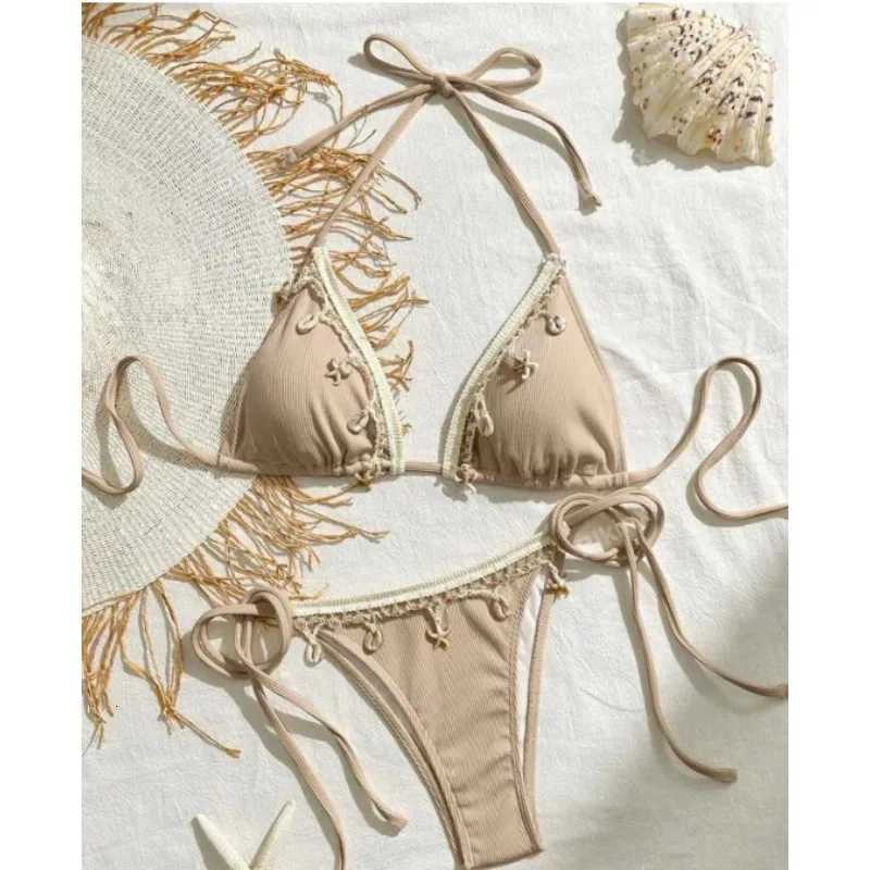 Shell Decoration Ribbed Bikini Women Swimwear Female Swimsuit Two-pieces Bikini Set Halter Strappy Bather Bathing Suit Swim LadyW251113