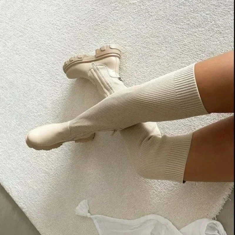 Womens Over The Knee Boots Stretch Knitted Winter Boots Women Fashion Platform Boot Splicing Ladies Sock Shoes Woman Long Boots 250411