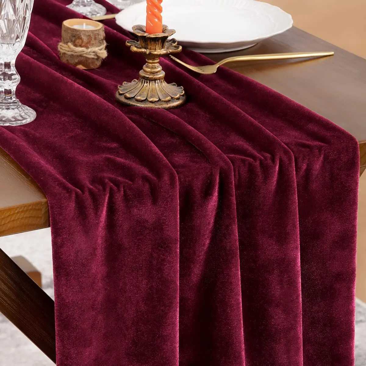 Christmas 1pc Burgundy Red Velvet Table Runner Christmas Cloth Decor 120 Inches 10ft Fabric Luxurious Runner for New Year Bridal Shower Y251113
