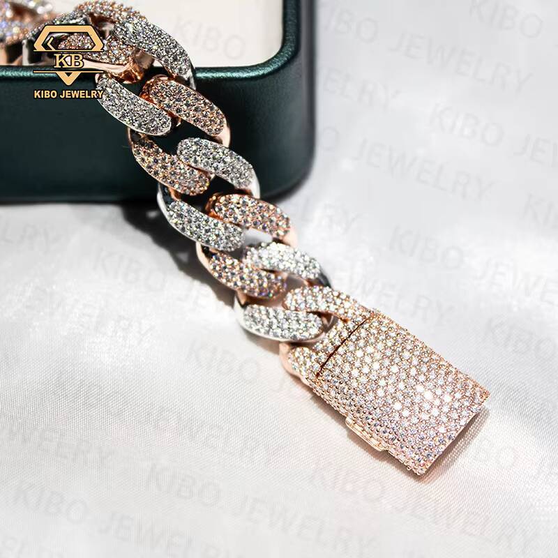Two Tone 14K Rose Gold White Gold Plated Silver 925 Moissanite Diamond Hip Hop 14MM Cuban Bracelet Custom Moissanite Jewelry