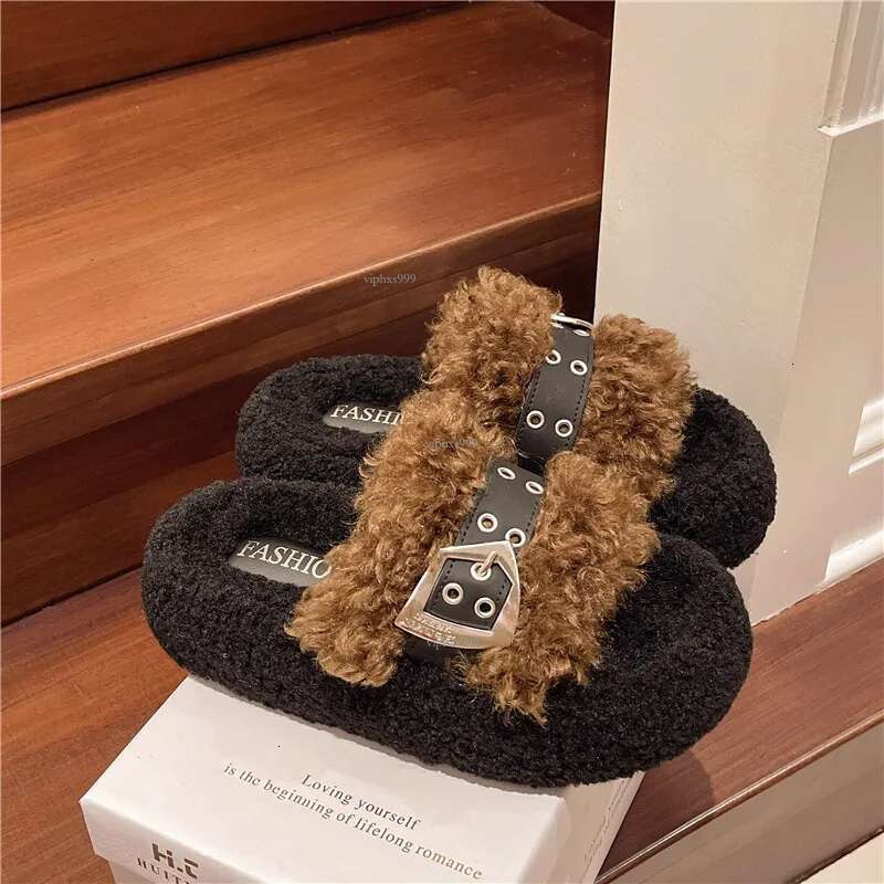 New Free Shipping Designer Shoes Premium Thick Bottom Belt Buckle Hairy For Women's Winter Outerwear 2025 Style With Skirt Teddy Plush Cotton Sli
