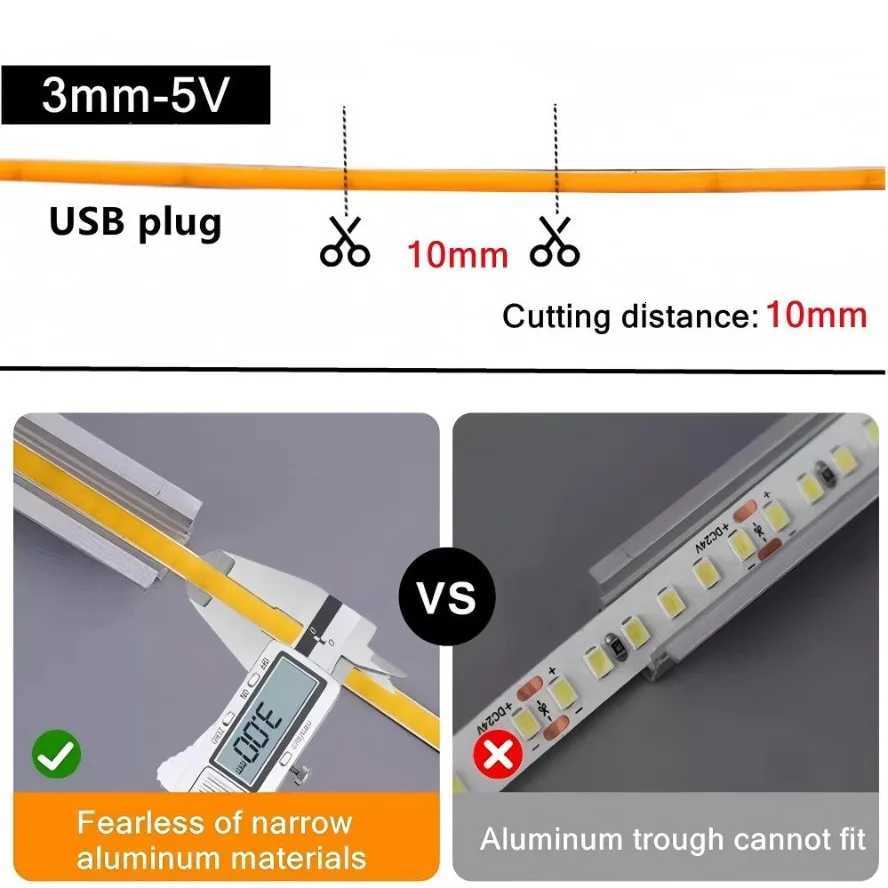 3MM Ultra Thin COB LED Strip 5V Colorful Dimmable 3000K 4000K 6000K High Density Flexible Light 400LEDs for DIY Home Decor Lamp W251112
