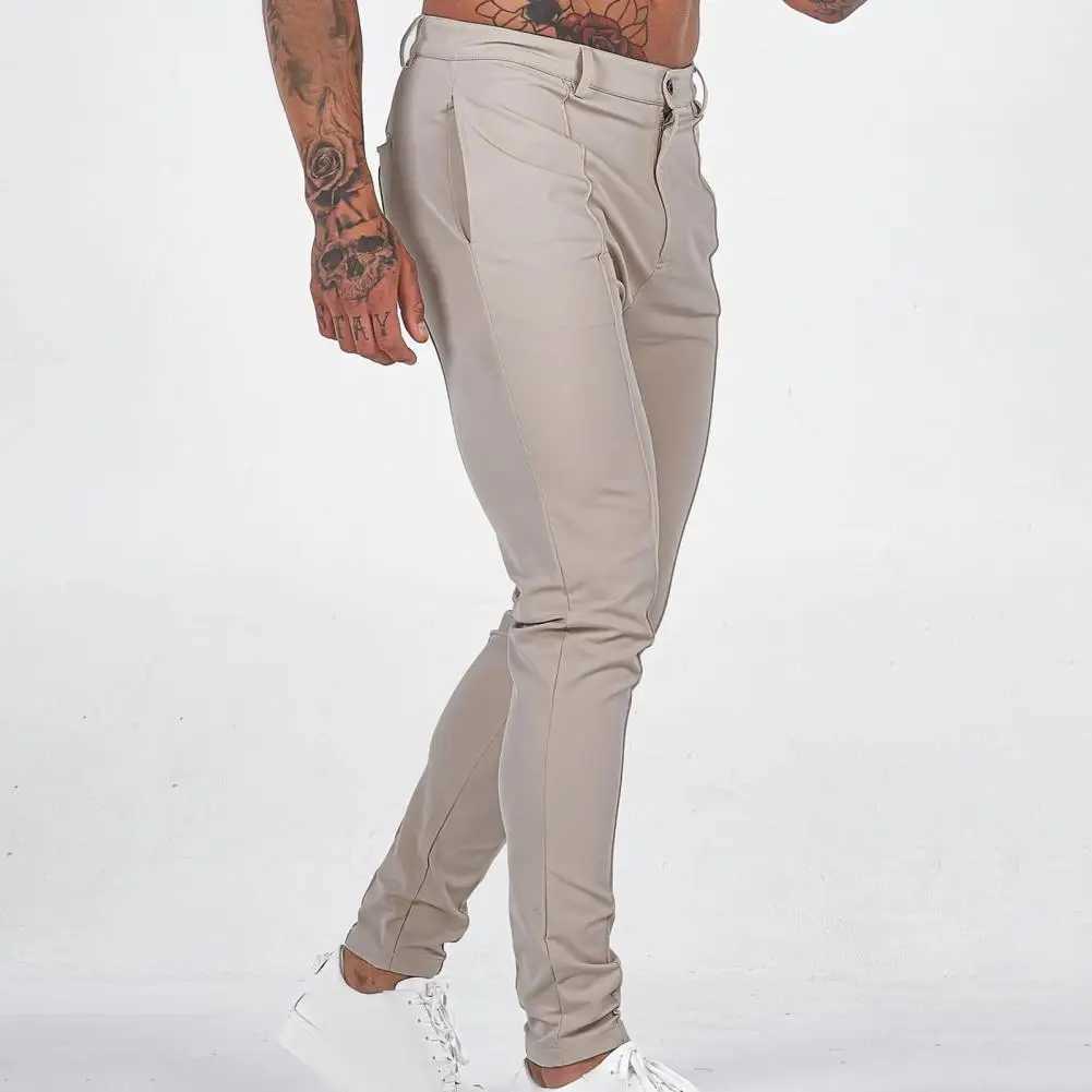 Adjustable waist pants for mens slim fit solid color business pants breathable mid waist ankle length soft and comfortableXJ250412