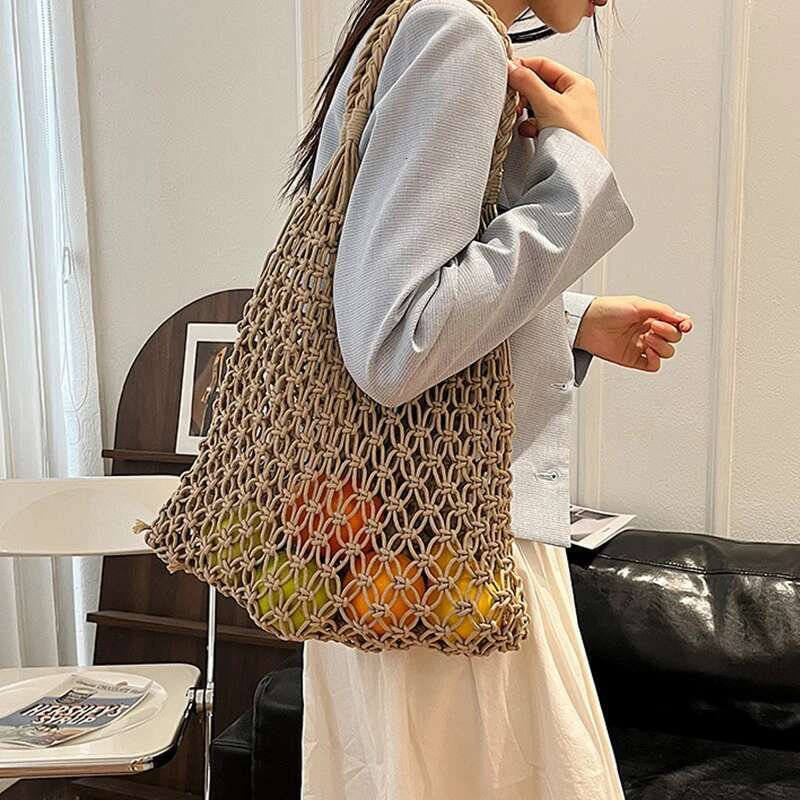 Handmade Beach Bag Women Bucket Cotton Beach Casual Hollow Out Solid Soft High-Capacity Shoulder Bag Travel Handbag Kq1