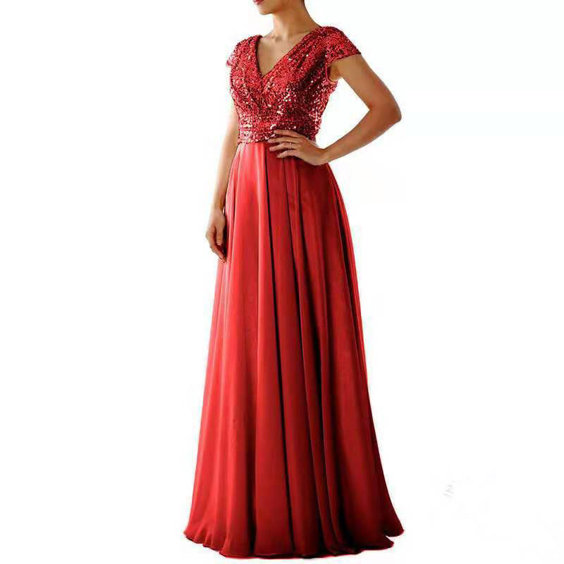 2025 New Spring/summer Womens Sleeveless Dress V-neck Sequin Temperament Chiffon Patchwork Evening Gown
