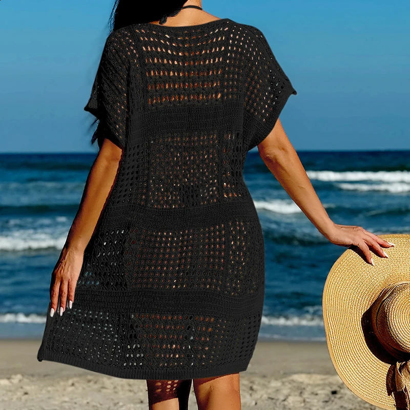 Knitting V-Neck Sexy Hollow Out Beach Bikini Cover-Ups Ladies Summer Vacation Casual Loose Beachwear Sunscreen Smock 250409