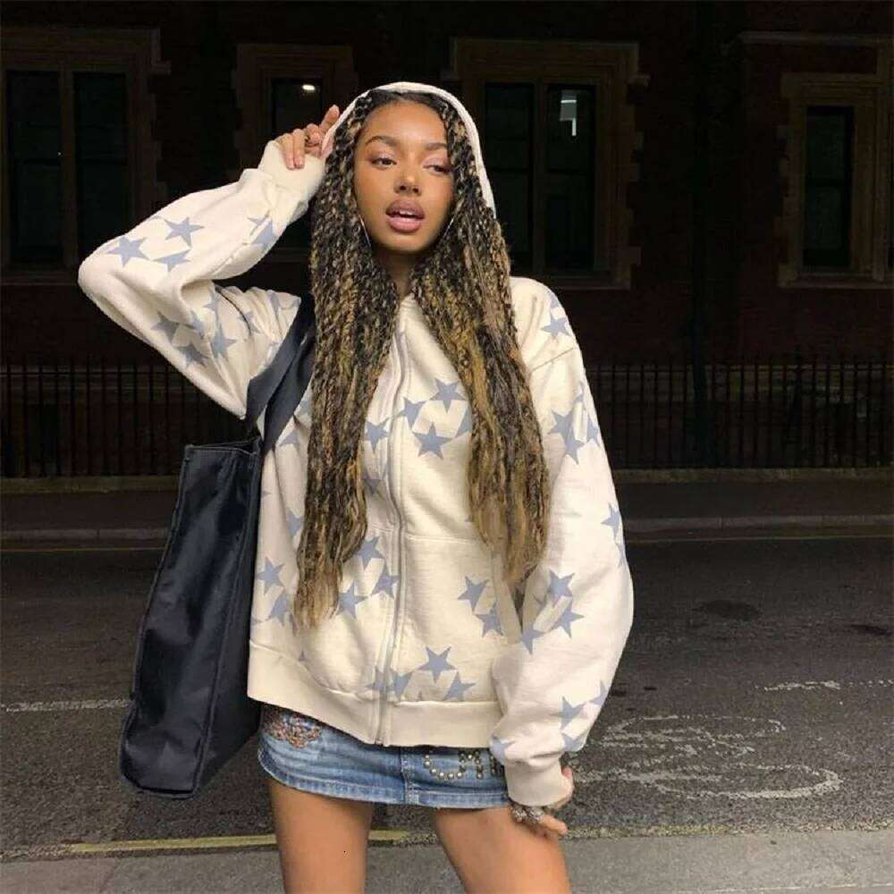 Autumn Y2k Printe Star Graphic Zip Up Oversized Sweatshirt Goth Hoodie Men Women Grunge Hooded Jacket Streetwear Letter Clothing