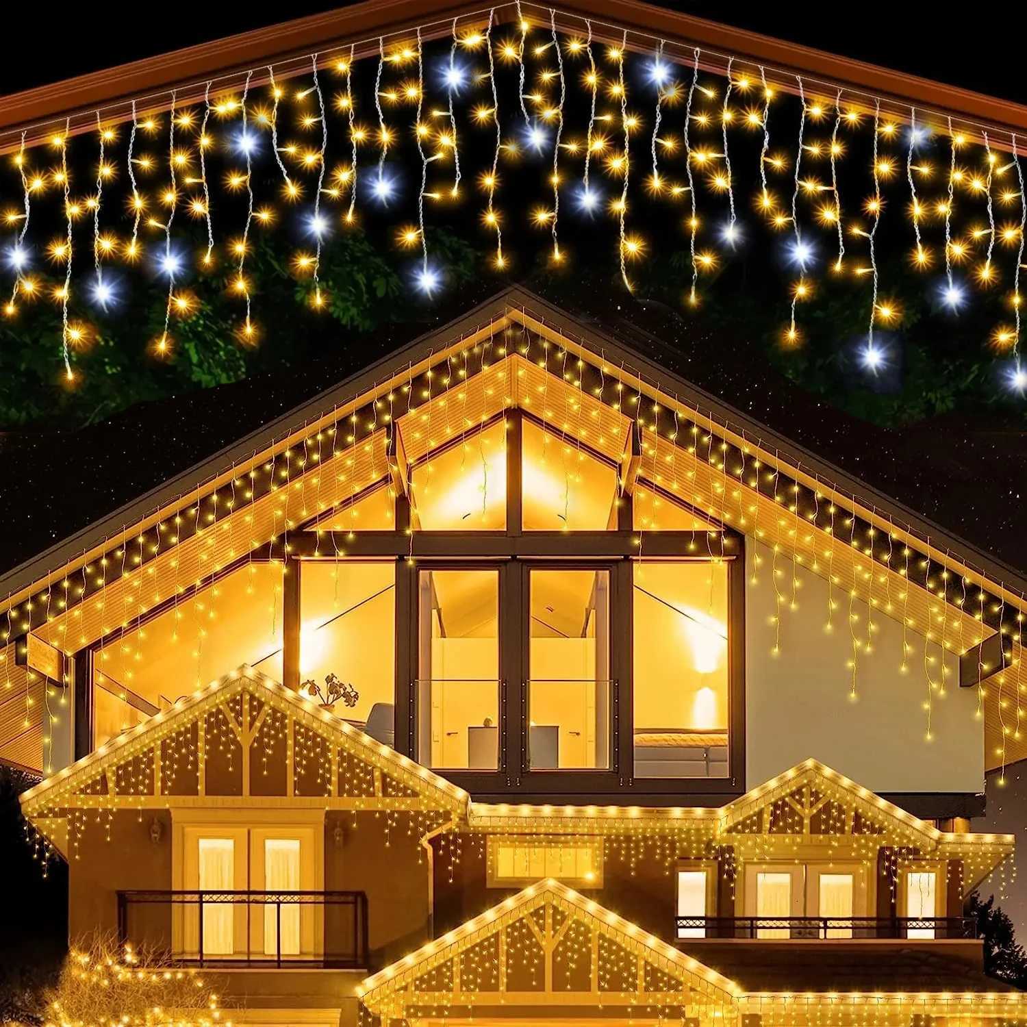 Christmas Decorations Festoon Icicle Curtain Led Lights Outdoor Warm White With White Flash Fairy Light Clear Wire New Year 2025 M251113