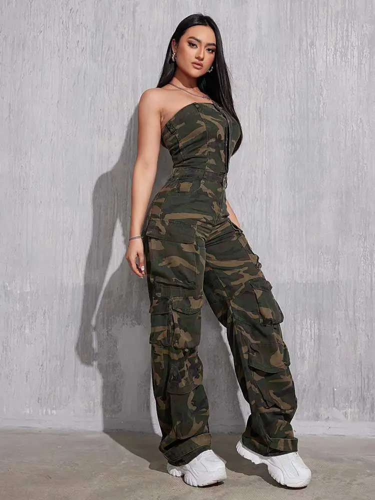REDDACHiC Camouflage Button Front Denim Tube Jumpsuit Women Retro Y2k Function Pockets Sleeveless Onepiece Overalls Work Wear 251113