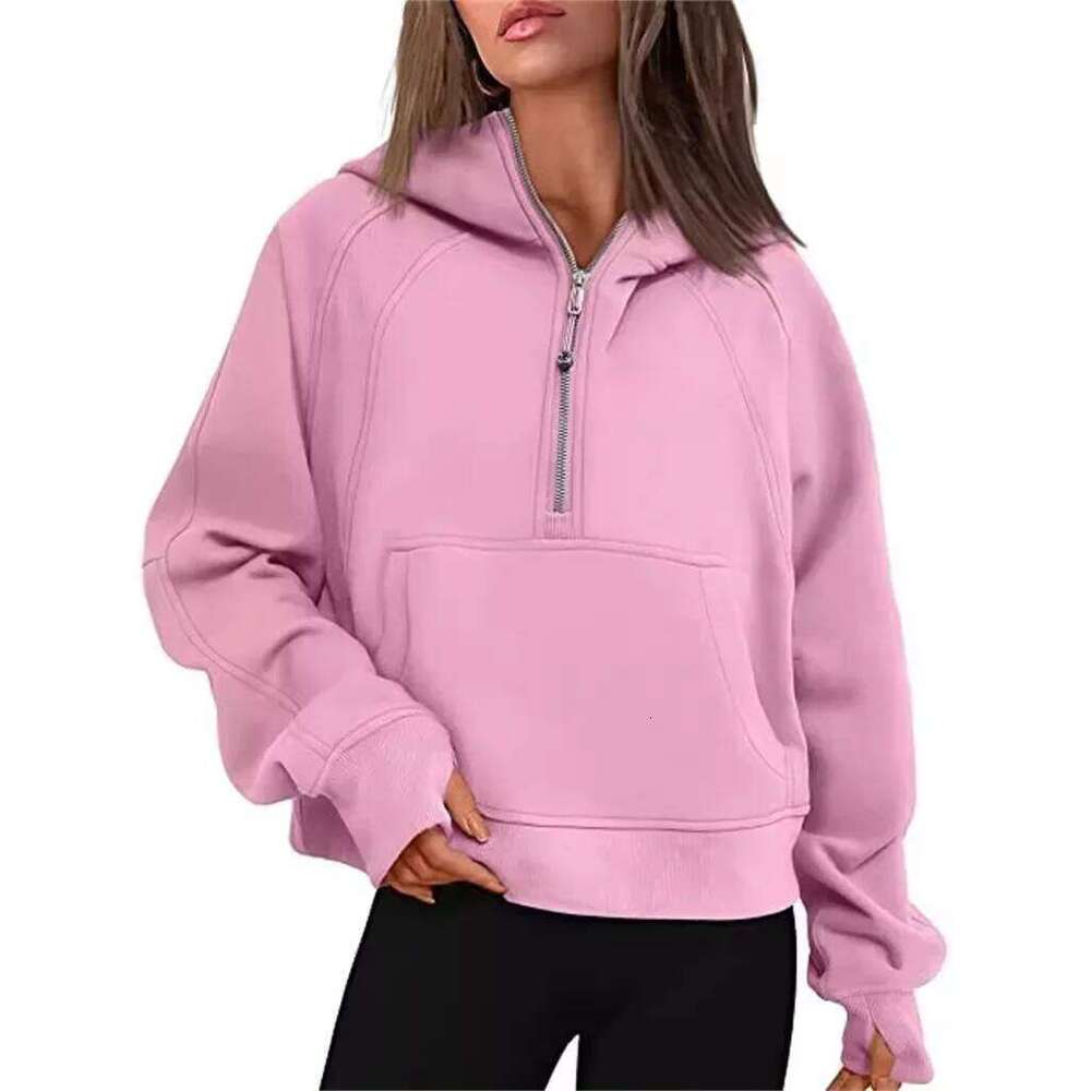 Autumn Winter Women's Yoga Suit Scuba Half-Zip Hooded Sweatshirt Loose Fit Cropped Fleece Lining Cap-Sleeve Thickened