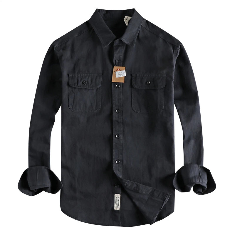 Autumn American Retro Twill Knitted Goods Shirt Mens Fashion Pure Cotton Washed Old Long Sleeve Double Pocket Casual Top 250411