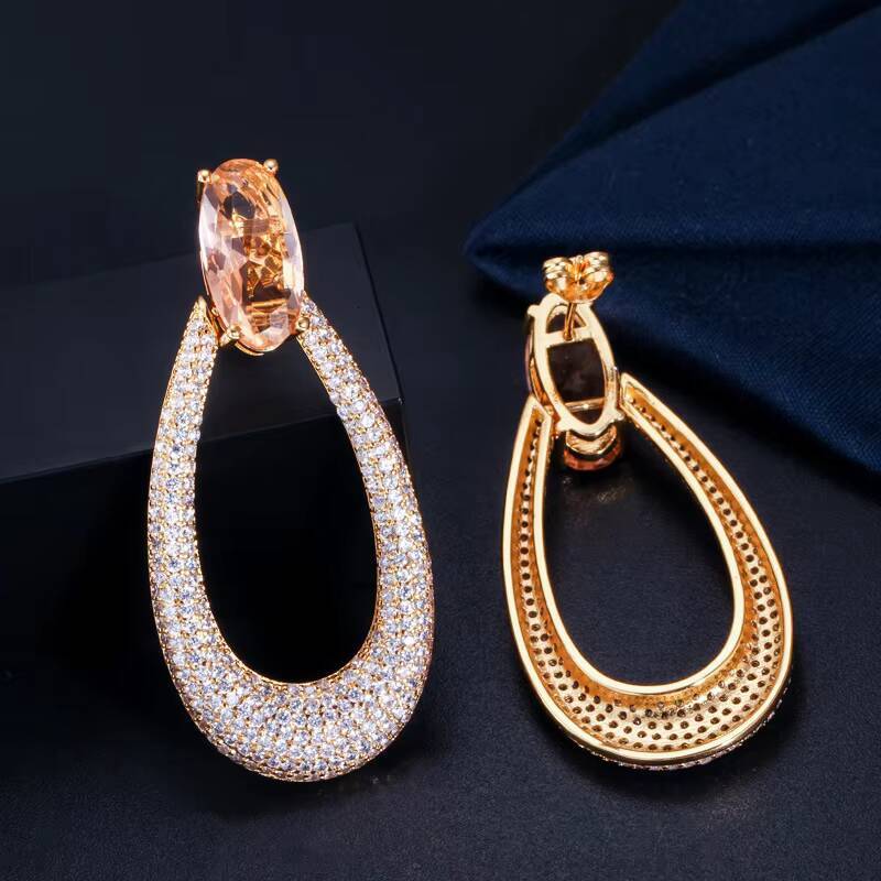 Hot Selling High-End AAA Zircon Gold Charm Geometric Drop Hollow Ear Jewelry Trendy Brass Hoop Earrings for Parties Gift