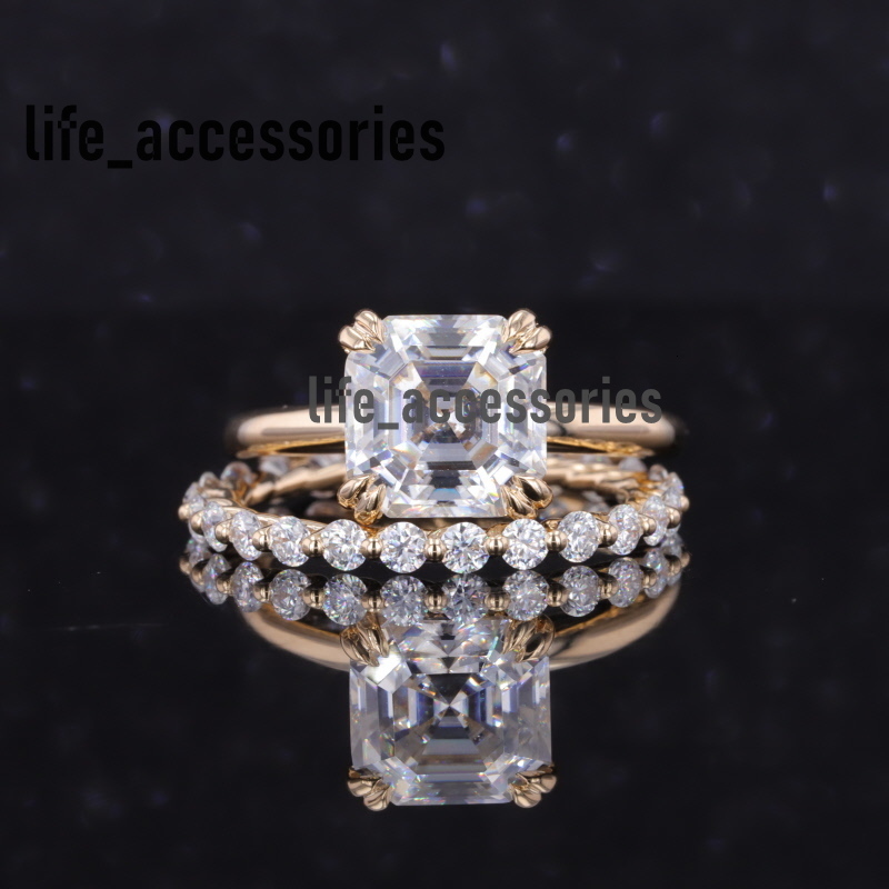 Starsgem 14k Sets of Rings Yellow Gold 2 Pieces Wedding Gold Ring Sets Asscher Cut Moissanite Rings Set Free Shipping