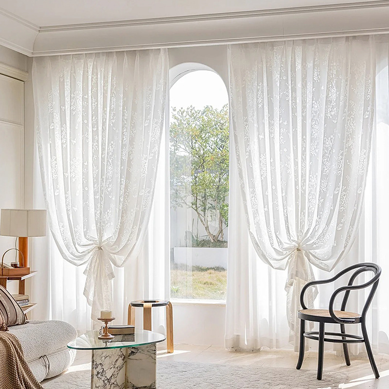 T0371 pastoral jacquard curtain gauze high-grade living room balcony sunscreen light-transmitting and non-transparent mirror veil finished white gauze