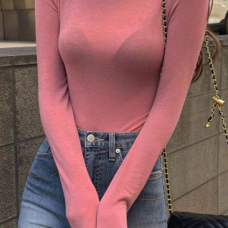 Basic ultrathin Tshirt womens spring turtle neck long sleeved shirt solid casual top elastic flat thin office ladies 250407