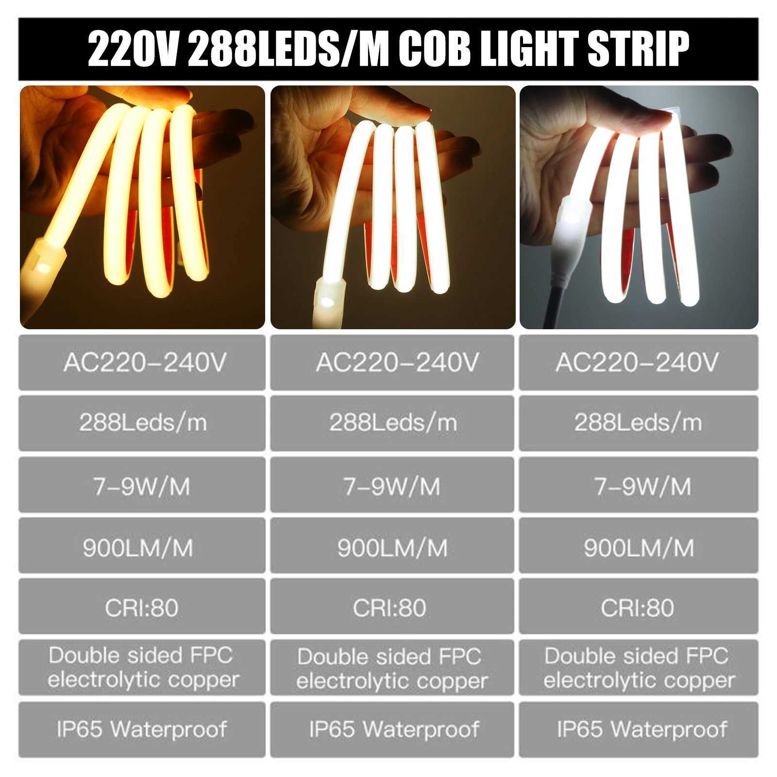 220V Dimmable COB LED Neon Strip Light 288Leds/M IP67 With Switch/Dimmer EU Plug Flexible Adhesive Tape for Home Garden Lighting W251112