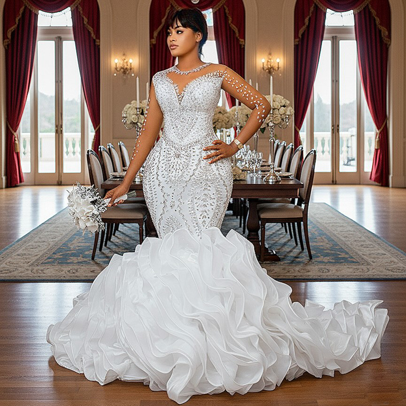 2026 Aso Ebi Mermaid Wedding Dress For Bride Bridal Gowns Sheer Neck Illusion Long Sleeves Crystals Rhinestones Beaded Pearls Wedding Gowns for Black 