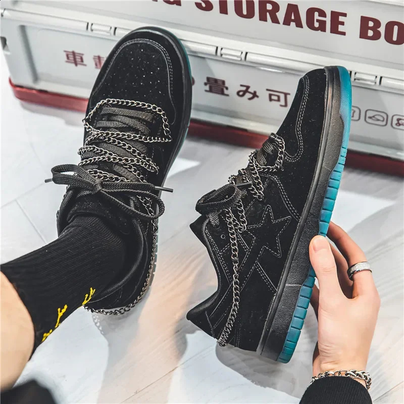 Mens casual sports shoes punk metal chain star skateboarding flat running tennis shoes basketball walking sports shoes 250410