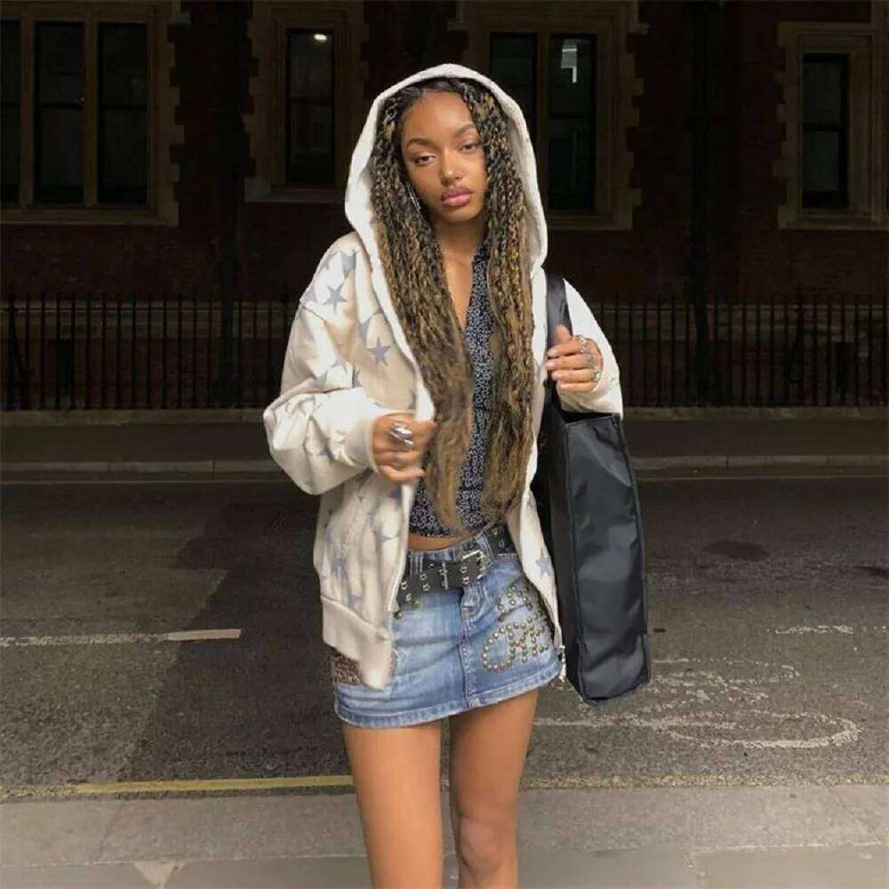 Autumn Y2k Printe Star Graphic Zip Up Oversized Sweatshirt Goth Hoodie Men Women Grunge Hooded Jacket Streetwear Letter Clothing