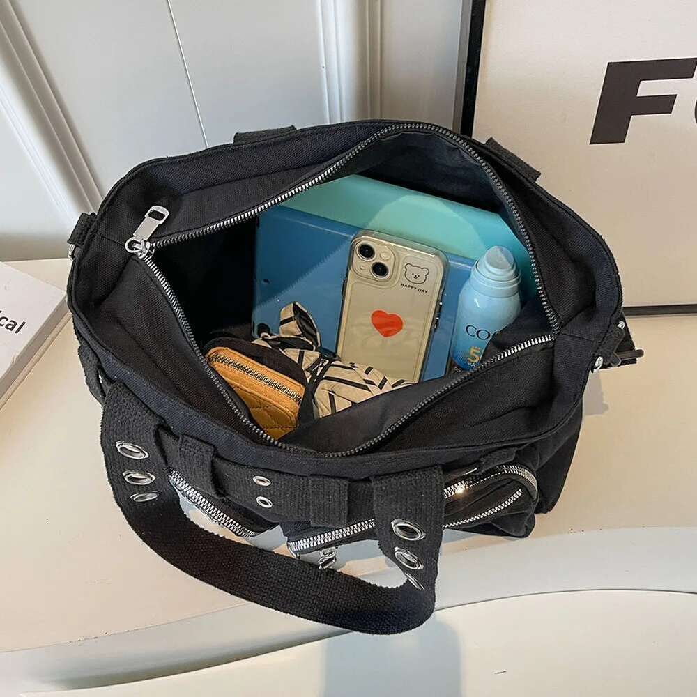 Women Rockabilly Shoulder With Chain Canvas Gothic Satchel Zipper Closure Punk Style Sg Female Outdoor Bag