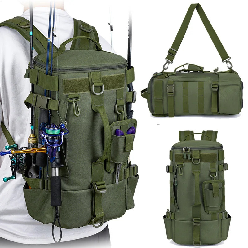 Tactical Fishing Backpack Tackle Bag with Rod Holders Fish Equipment Storage Molle Camping Hiking Outdoor Multifunctional Bag 250407