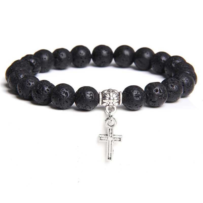 Trendy Men Beads Bracelet Slivers Color Cross Pendant Bracelet Natural Stone Bracelets Charm for Women Healing Prayer JewelryC250411