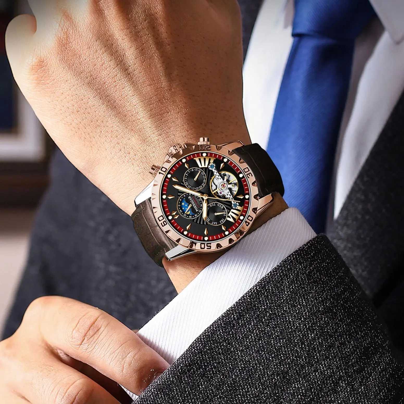 POEDAGAR Luxury Automatic Wristwatch Waterproof Luminous Date Week Leather Men Watch Tourbillon Mechanical Fashion Mens Watches L251113