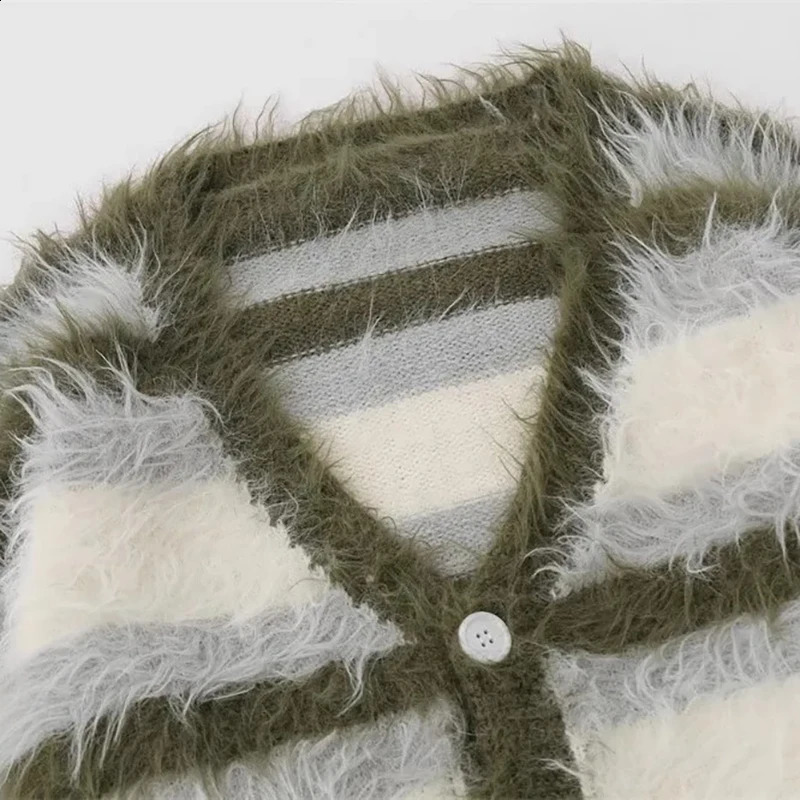 Mohair Cardigan Striped V-Neck Sweater Mens Loose Casual Brushed Trendy Couple Versatile Comfortable Harajuku High Street Knit 250409