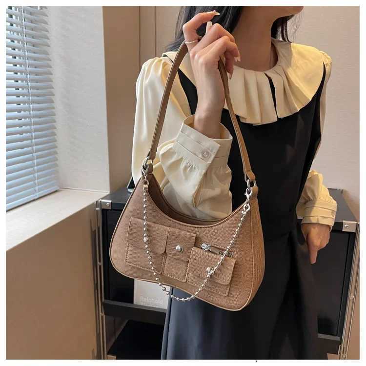 Pu Leather Elegant Solid Pocket Shoulder Bags Fashion Office Lady Handbags Women Sweet Y2k Chic Chain Underarm Bag Luxury DesignW251112