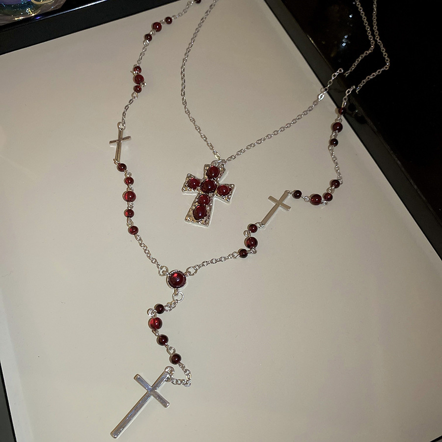 Vintage Crystal Beaded Cross Pendant Two-Piece Set Palace Style Necklace Light Luxury High-End Sweater Chain for Women - view 8
