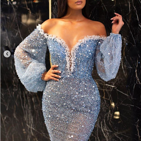 2025 Spring/summer New Womens Casual Dress with Gold Sprinkle V-neck Perspective Fish Tail Evening Dress