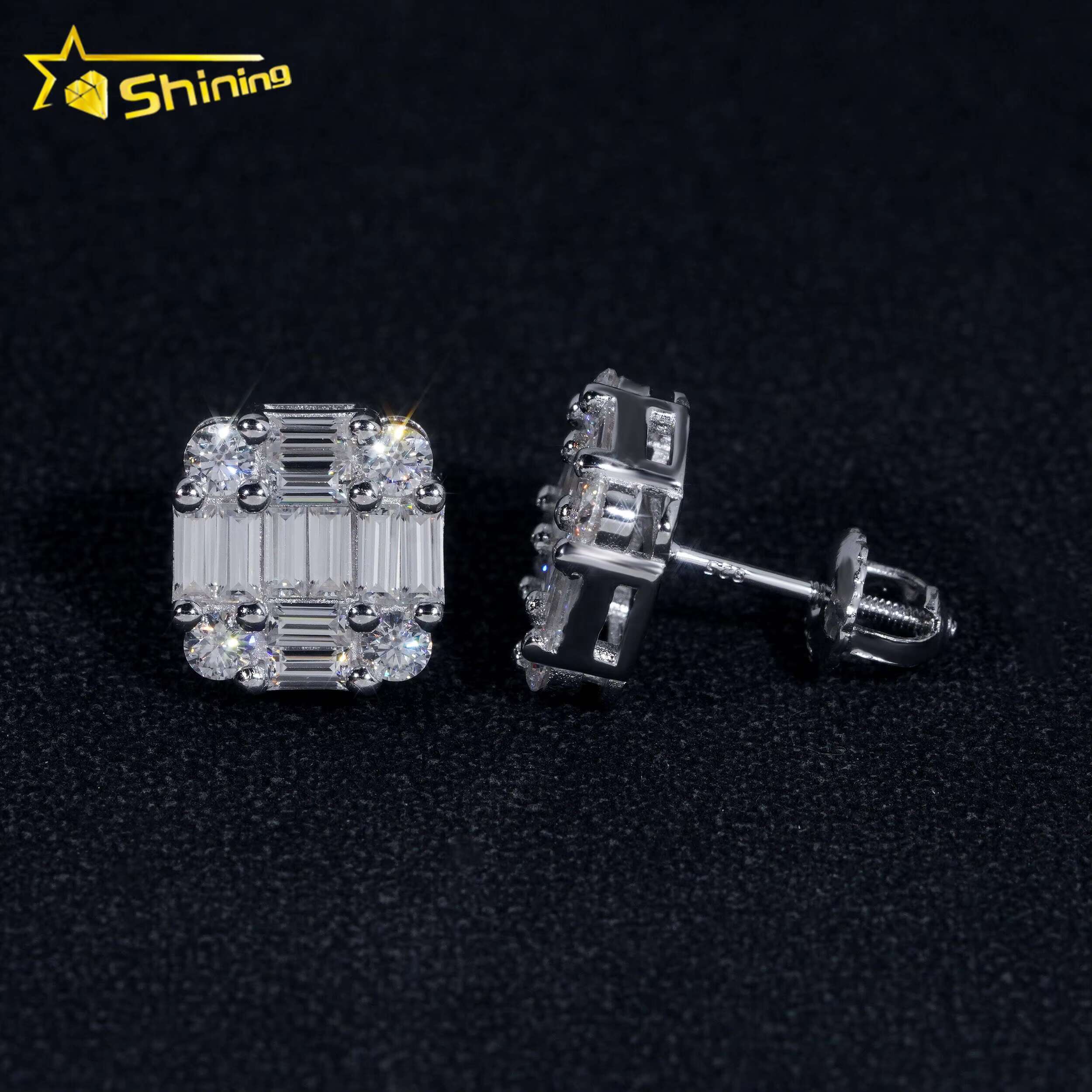New Arrival Hip Hop Design Baguette Diamond VVS Iced Out Moissanite Stud Earrings for Men