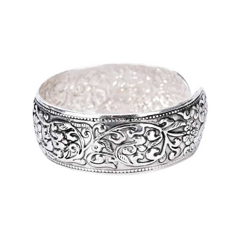 New Tibetan Silver Totem Bangle Carved Lucky Flower Bangle Cuff BraceletC250411