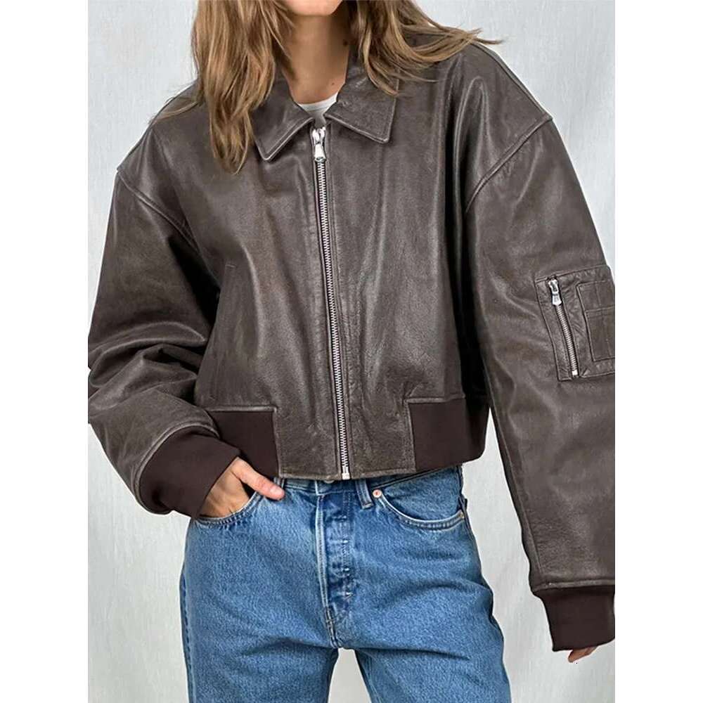 Designer Clothes Women Zipper Leather Bomber Jacket Loose Turn-Down Collar Vintage Pocket Short Outwear Long Sleeve Street Motorcycle Spring Coat