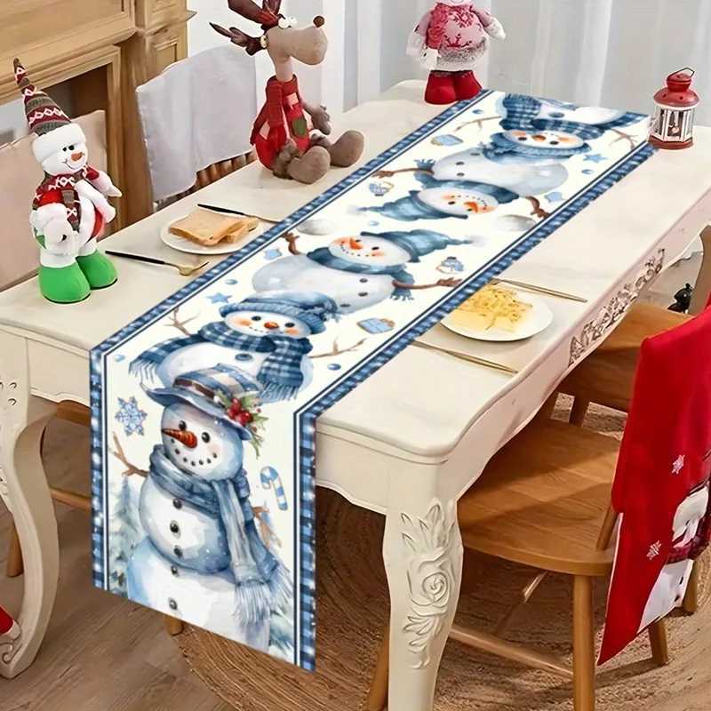 Christmas Christmas Blue Snowman Linen Table Runner Holiday Wedding Party Decor Xmas Snowflakes Plaid Table Runners Christmas Decorations Y251113